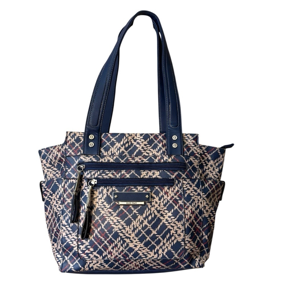 Ellen Tracy Tote Navy Cream Geometric pattern Vinyl-feel Silver Hardware